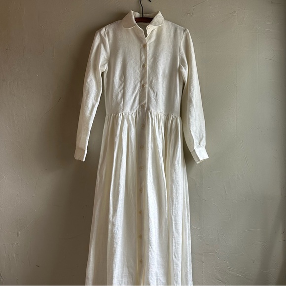 White linen dress- full length, long sleeve button up - Picture 1 of 7